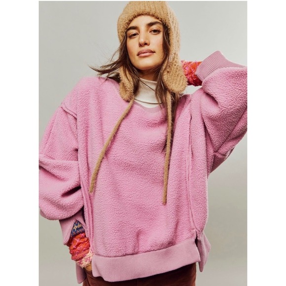 We The Free Tops - We The Free Free People Pink Teddy Fleece Cozy Camden Oversized Sweatshirt S